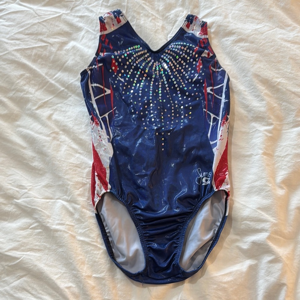 Red White Blue  and Sparkles! GK Adult XS Gymnastics Leotard. Simone GK